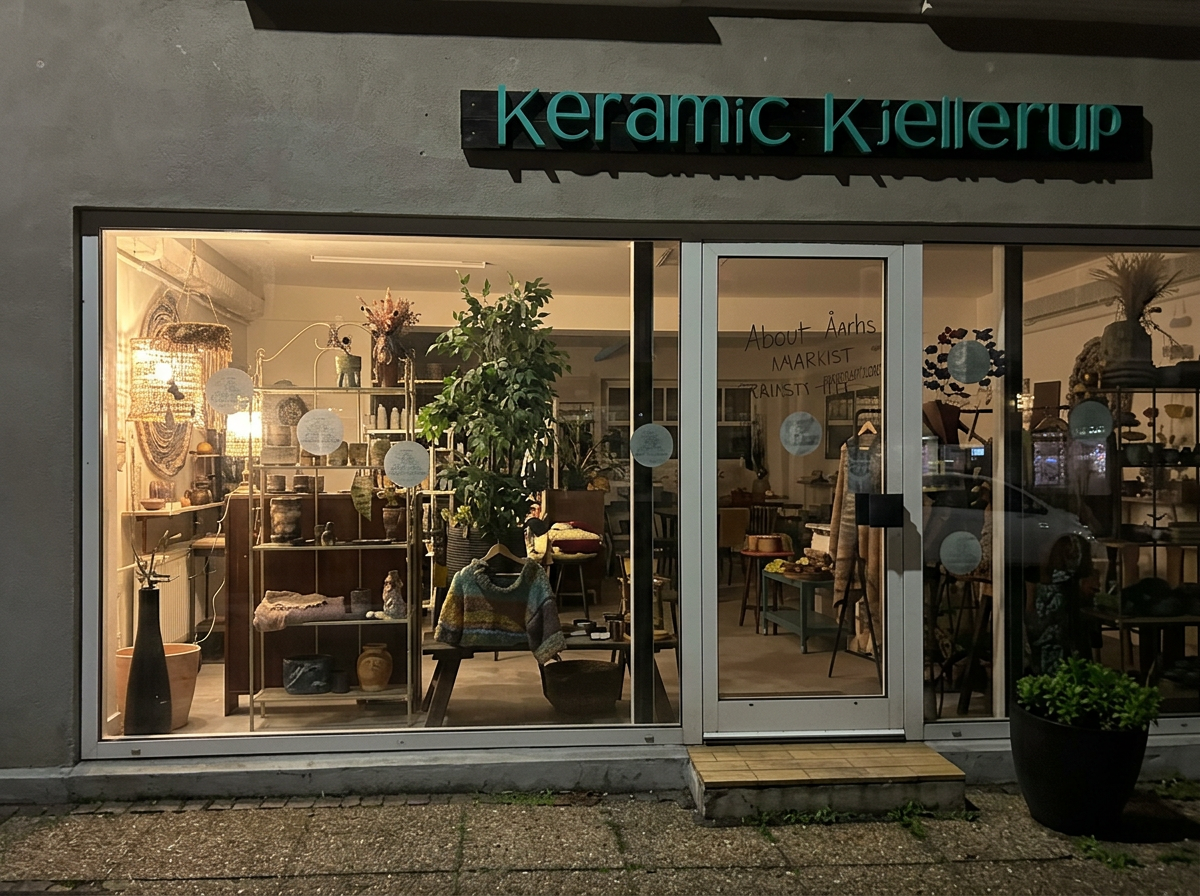 Keramic Kjellerups butik og værksted set udefra om aftenen
